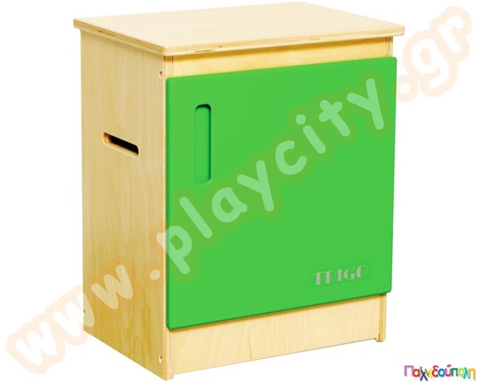 Παιδικό ξύλινο ψυγείο, με πράσινο ντουλάπι και το υπόλοιπο σε φυσικό χρώμα, πιστοποιημένο παιδικό έπιπλο.