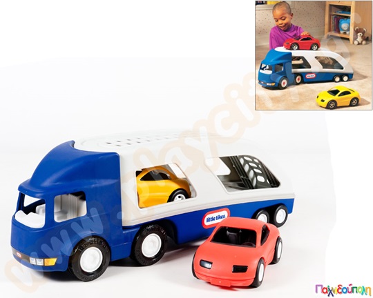 Παιδικό παιχνίδι μεγάλη νταλίκα μπλε, μεταφορέας οχημάτων με ράμπα και 2 σπορ αυτοκίνητα της Little Tikes.