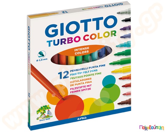 Μαρκαδόροι λεπτής γραφής Giotto Turbo Color σε χάρτινη συσκευασία 12 τεμαχίων κατάλληλοι για καλλιτεχνικά.