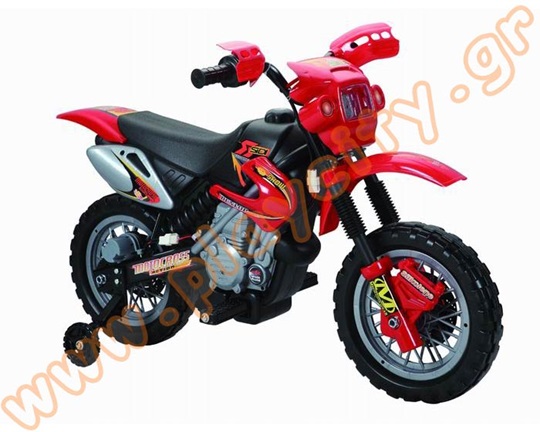 Ηλεκτροκίνητη παιδική μοτοσυκλέτα moto cross, με μπαταρία, βοηθητικές ρόδες που βγαίνουν, σε κόκκινο χρώμα.