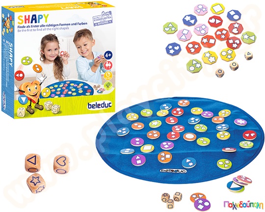 Επιτραπέζιο εκπαιδευτικό παιχνίδι, με 41 ξύλινα χρωματιστά σχήματα, ζάρια και πάνινο πιάτο για ταμπλό!