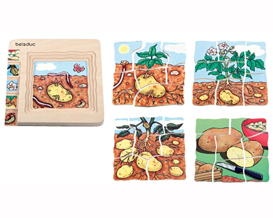 Ξύλινο Παζλ 5 Επιπέδων το οποίο δείχνει όλα τα στάδια της παραγωγής πατάτας, με 30 ξύλινα κομμάτια και βάση.