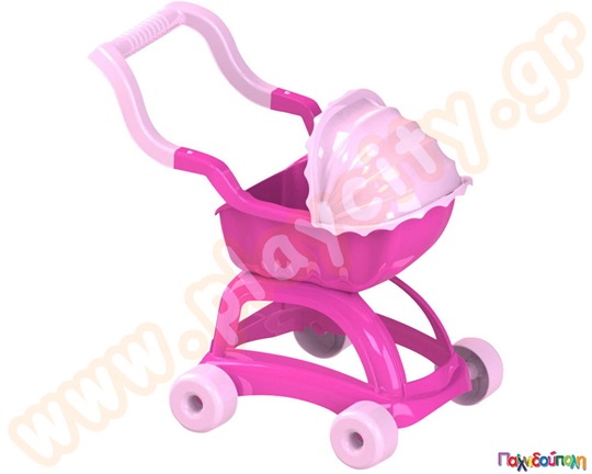 Παιδικό παιχνίδι, καρότσι κούκλας πλαστικό με προστασία, σε ροζ με φούξια χρώμα.