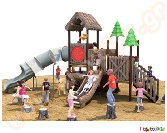 Γιγάντιο μεταλλικό παιχνίδι παιδικής χαράς, σε γήινα χρώματα με τσουλήθρες και πολλές δραστηριότητες.