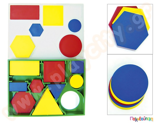 Εκπαιδευτικό παιχνίδι, κασετίνα σετ με 60 µπλόκ µε 5 γεωμετρικά σχήµατα, σε 2 µεγέθη και διαφορετικά χρώματα.