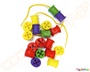 Παιχνίδι Κατασκευών 122 τεμαχίων, με χρωματιστά καρούλια που έχουν τρύπες και κορδόνια σε κουβά.