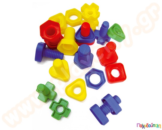 Παιδικό παιχνίδι κατασκευών με 32 πλαστικές χρωματιστές βίδες και παξιμάδια, σε κουβαδάκι.