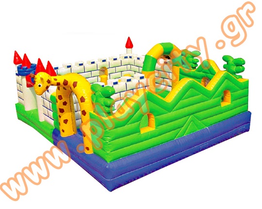 Φουσκωτό Παιχνίδι 2 σε 1, τσίρκο ζώων και κάστρο, κατάλληλο για ξενοδοχεία και παιδότοπους.