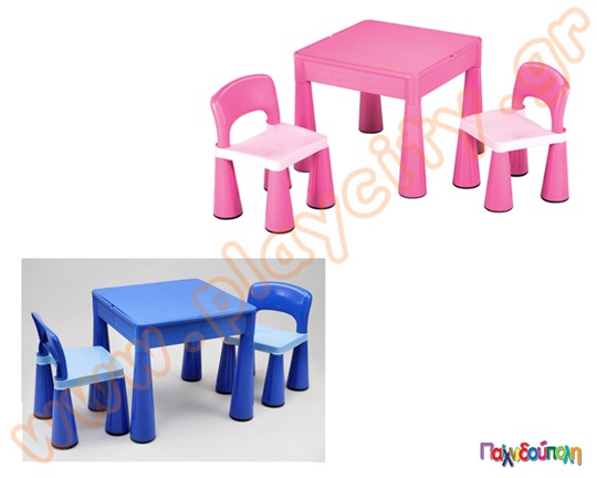 Σετ κλασσικό παιδικό πλαστικό τραπέζι με 2 καρέκλες, σε μπλε ή ροζ χρώμα, με ύψος θέσης 25 εκατοστά.