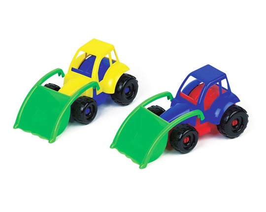 Παιδικό παιχνίδι, τρακτέρ με κουβά, φτιαγμένο από πλαστικό, σε κίτρινο και μπλε χρώμα.