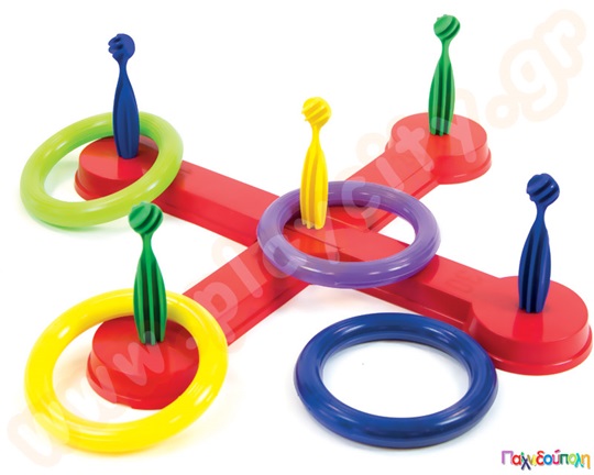 Πλαστικό παιχνίδι ευστοχίας με χρωματιστούς κρίκους και βάση με στόχους τις κορίνες.