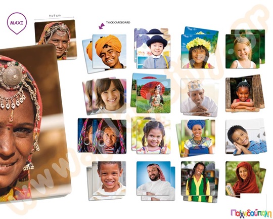 Εκπαιδευτικό παιχνίδι μνήμης για παιδιά με 34 καρτέλες που απεικονίζουν διάφορες φυλές από όλο το κόσμο.