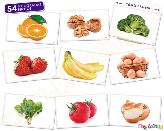 Εκπαιδευτικό Παιχνίδι 54 φωτογραφίες με διάφορα υγιεινά τρόφιμα και βάση για την τοποθέτηση τους.