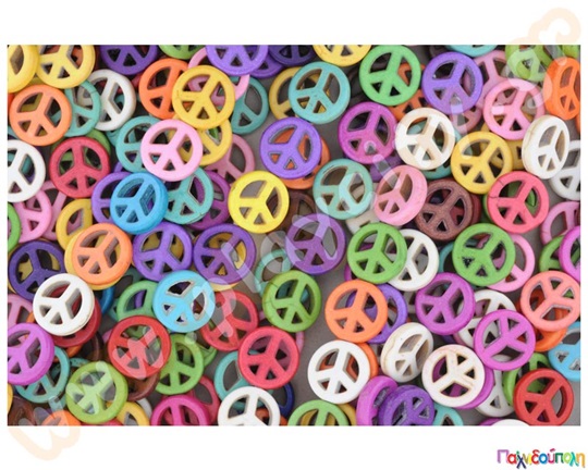 Διακοσμητικές πολύχρωμες χάντρες 15 χιλιοστών με το σύμβολο της ειρήνης, ιδανικές για διακόσμηση χειροτεχνίας.