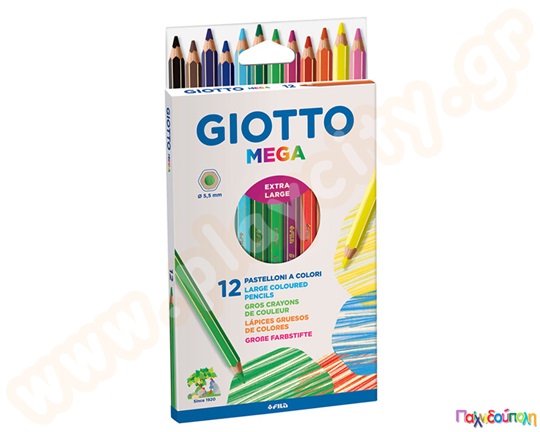 Ξυλομπογιές χοντρές Giotto Mega 12 τεμαχίων πολύχρωμες, εξαγωνική με ανθεκτική μύτη.