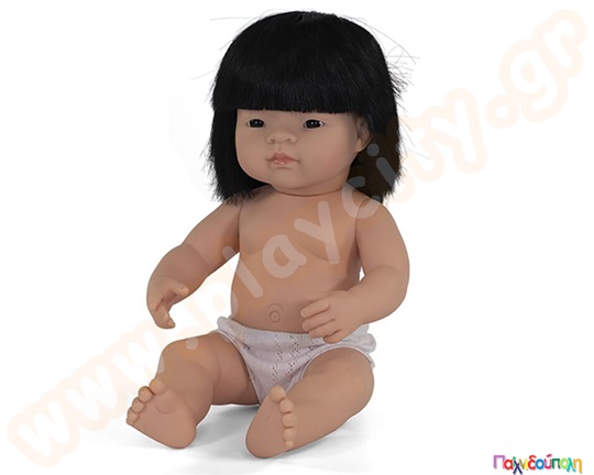 Παιδική πλαστική κούκλα μωρού, κοριτσάκι κίτρινο με μαλλιά, ύψος κούκλας 38 εκατοστά, από την Miniland.