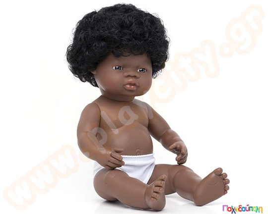 Παιδική πλαστική κούκλα μωρού, κοριτσάκι μαύρο με μαλλιά, ύψος κούκλας 38 εκατοστά, από την Miniland.