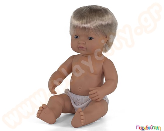 Παιδική πλαστική κούκλα μωρού, αγοράκι λευκό με ξανθά μαλλιά, ύψος κούκλας 38 εκατοστά, από την Miniland.