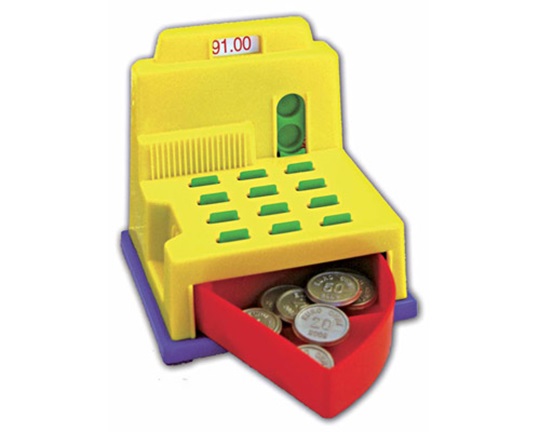 Παιδικό παιχνίδι, ταμειακή μηχανή, σε κίτρινο χρώμα, με κόκκινο συρτάρι.