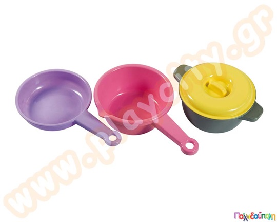 Πλαστικό παιδικό παχνίδι, κουζινικά σκεύη μαγειρικής, σε σετ 3 σκευών, με τηγάνια και κατσαρόλα.