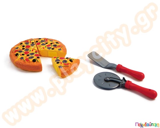 Ρεαλιστικό και σε φυσικό μέγεθος παιδικό παιχνίδι φαγητού με πλαστικά κομμάτια πίτσας, μαζί με κόφτη και σπάτουλα.