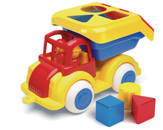 Παιδικό πλαστικό παιχνίδι, φορτηγό με βάση ταξινόμησης σχημάτων, 25 εκατοστών, με 2 φιγούρες και 3 γεωμετρικά σχήματα, της Viking Toys.