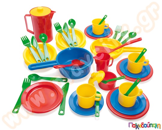 Παιδικό παιχνίδι κουζινικά, Σερβίτσιο δείπνου και καφέ, σετ 42 τεμαχίων από την Dantoy, πολύχρωμα και ανθεκτικά.