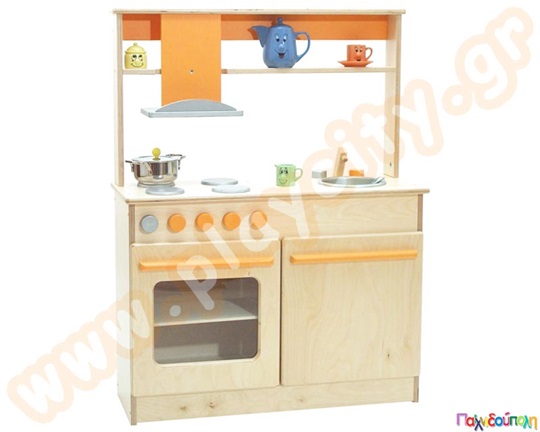 Παιδική Κουζίνα ξύλινη μεγάλη με φούρνο, νεροχύτη, ράφι, πάγκο και ντουλάπι. Πιστοποιημένο παιδικό έπιπλο.