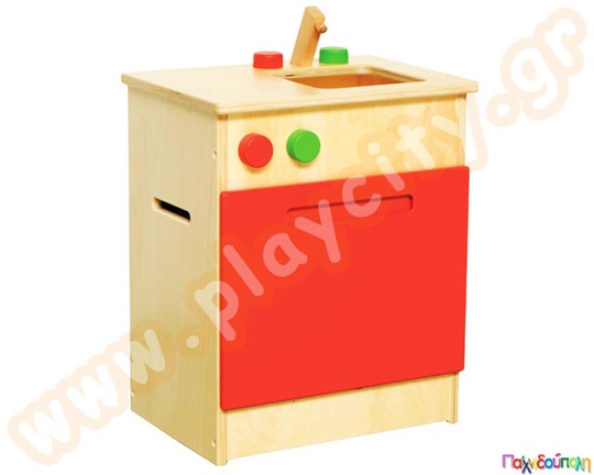 Παιδικός Νεροχύτης ξύλινος, με κόκκινο ντουλάπι και το υπόλοιπο σε φυσικό χρώμα, πιστοποιημένο παιδικό έπιπλο.