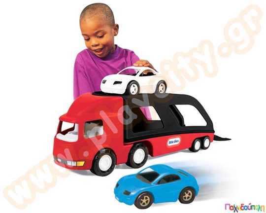 Παιδικό παιχνίδι φορτηγό-γιγάντιος μεταφορέας οχημάτων με ράμπα και 2 σπορ αυτοκίνητα της Little Tikes.