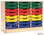 Ξύλινη συρταριέρα σε φυσικό χρώμα με 24 συρτάρια σε πράσινο, κόκκινο, κίτρινο και μπλε χρώμα.