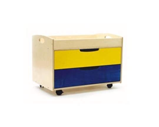 Ξύλινο Βαγονέτο μουσικών οργάνων με ροδάκια για εύκολη μετακίνηση και 2 συρτάρια σε κίτρινο και μπλε χρώμα.