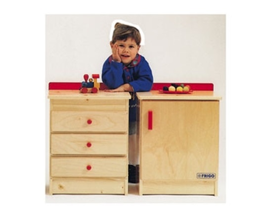 Ξύλινη Παιδική Συρταριέρα Κουζίνας, σε φυσικό χρώμα, με κόκκινες λεπτομέρειες, Ιταλικής κατασκευής.