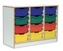 Ξύλινη παιχνιδοθήκη σε φυσικό χρώμα με 12 πολύχρωμα συρτάρια, ιδανική για παιδικούς σταθμούς.