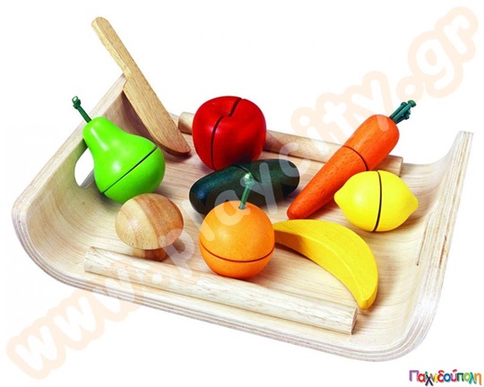 Παιδικό παιχνίδι ρόλων μίμησης, ξύλινα φρούτα και λαχανικά σε δίσκ, από την Plan Toys.