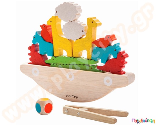 Εκπαιδευτικό Παιχνίδι βάρκα Ισορροπίας, με πολύχρωμα ζωάκια, ζάρι και τσιμπίδα, από την Plan Toys!