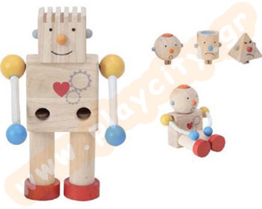 Εκπαιδευτικό παιχνίδι, ξύλινο ρομπότ, που διαθέτει πολλά διαφορετικά πρόσωπα για την ανάδειξη διαφορετικών συναισθημάτων.