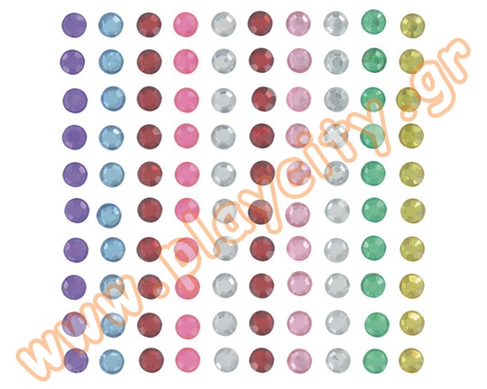 Αυτοκόλλητα πέρλες στρόγγυλες 6 χιλιοστών, σε σετ 100 τεμαχίων, σε 10 διαφορετικά χρώματα.