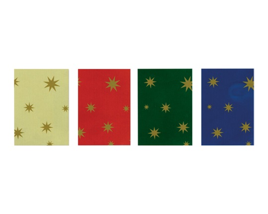 Ρολό κραφτ με αστέρια 100x500 εκατοστά, σε 4 χρωματισμούς: κόκκινο, πράσινο, μπλε και εκρού.