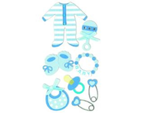 Σετ αυτοκόλλητα με γαλάζια ρούχα και αξεσουάρ μωρού αγοριού, ιδανικά για την διακόσμηση χειροτεχνιών!