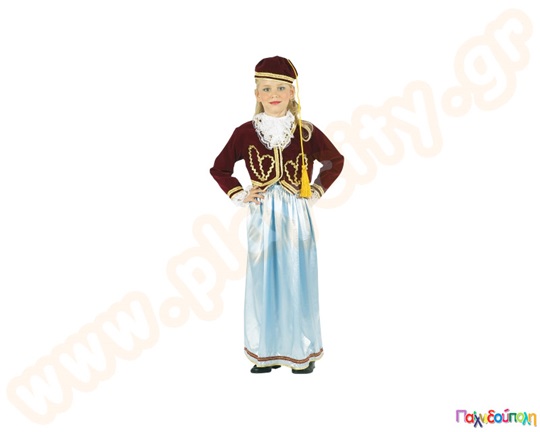 Παιδική εορταστική στολή Αμαλία, που περιλαμβάνει φούστα, ζακέτα, φέσι και δαντέλες, διαθέσιμη σε διάφορα μεγέθη.