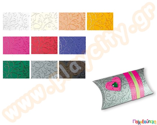 Χαρτόνι με ανάγλυφο στολισμό από γυαλιστερό βερνίκι σε 10 χρώματα, μέγεθος φύλλων 47x69 εκατοστά.