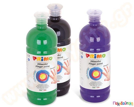 Δακτυλοχρώματα PRIMO σε μπουκάλι λίτρου, έτοιμες για χρήση, φιλικά προς το δέρμα και ειδικά σχεδιασμένα για παιδιά μικρής ηλικίας.