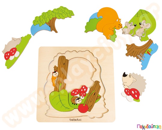 Ξύλινο Παζλ  Επιπέδων το δάσος, το οποίο δείχνει διάφορα ζώα και δέντρα, με 9 ξύλινα κομμάτια και βάση.