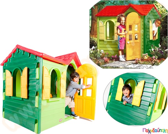 Πλαστικό παιδικό σπιτάκι Ξύλινη καλύβα, της Little Tikes, με κόκκινη σκεπή, κίτρινα παντζούρια - πόρτα και πράσινους τοίχους.
