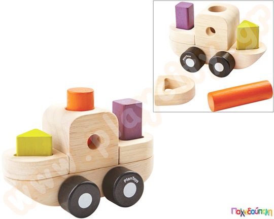 Ξύλινη βαρκούλα, εκπαιδευτικού χαρακτήρα, με γεωμετρικά σχήματα σε διάφορα χρώματα, από την plan toys.
