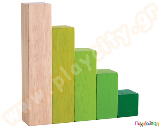 Ξύλινα Τουβλάκια ταξινόμησης από την plan toys που αποτελείτε από 5 τουβλάκια σε αποχρώσεις του πράσινου.