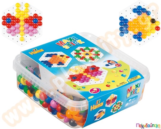 Maxi sticks της HAMA σε πλαστικό κουτί 300 τεμαχίων, σε 6 διαφορετικά χρώματα, μαζί με 2 βάσεις δημιουργίας.