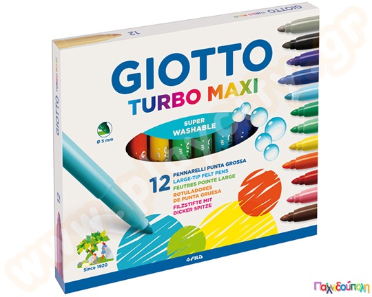 Μαρκαδόροι χοντρής γραφής Giotto Turbo Maxi, σε χάρτινη συσκευασία 12 τεμαχίων,  μη τοξικοί, ιδανικοί για σχολεία.