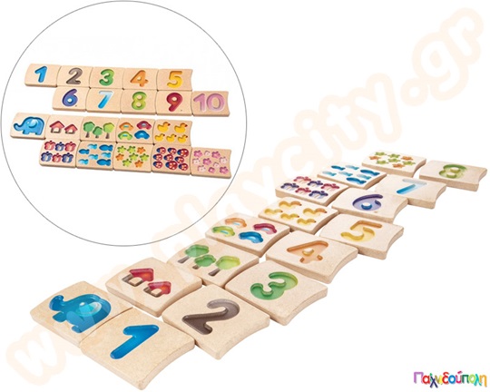 Σετ 10 ξύλινες κάρτες με αριθμούς και υποδείξεις δαχτύλων για να μάθουν τα παιδιά να μετρούν έως το 10.